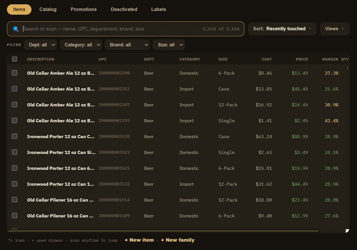 Item list with search, department and category filters, cost, price, and margin