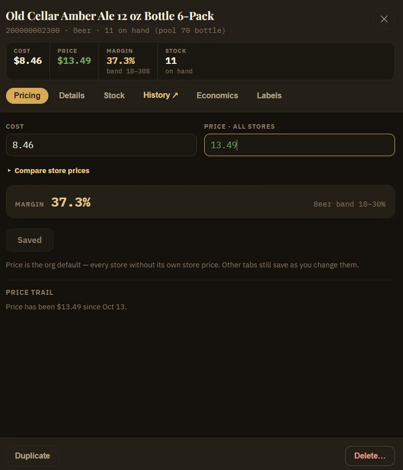 Item pricing drawer with cost, price, margin against the category band, and a price trail